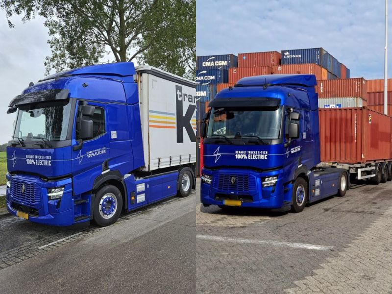 Renault demo truck met kamps trailer links en met container rechts